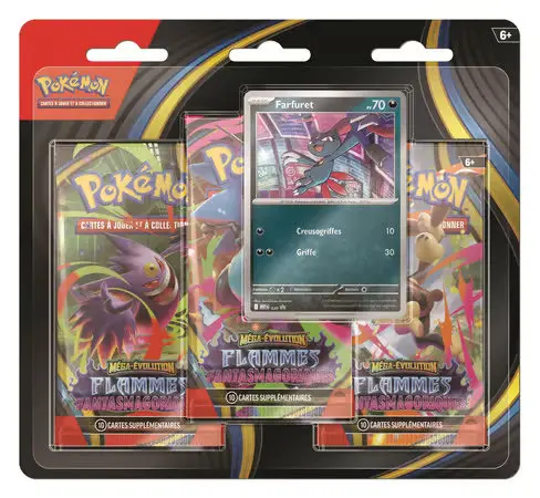 Pokémon JCC - Méga-Évolution - Pack Blister de 3 Boosters ME02 Flammes Fantasmagoriques Farfuret ou Dimoret - FR (Farfuret)